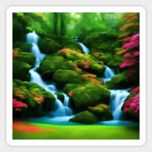 Ai Generated Art Scenery - Colourfull Mystical Forest With River Flowing Down A Lush Green Hill Magnet